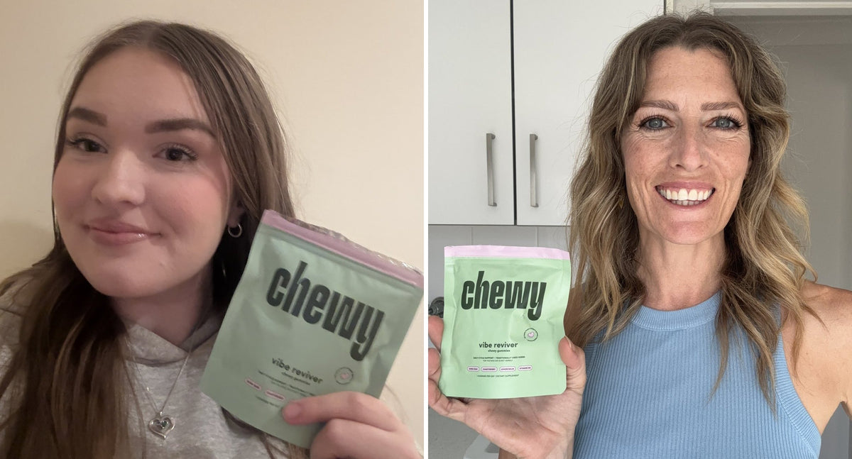 A teen girl and a mum, each holding a pouch of Chewy