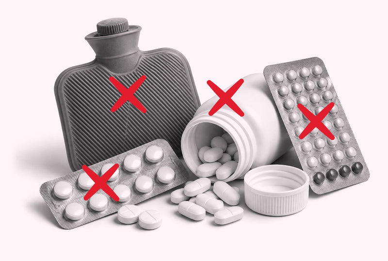 Painkillers, a hot water bottle, magnesium and the pill, each crossed out