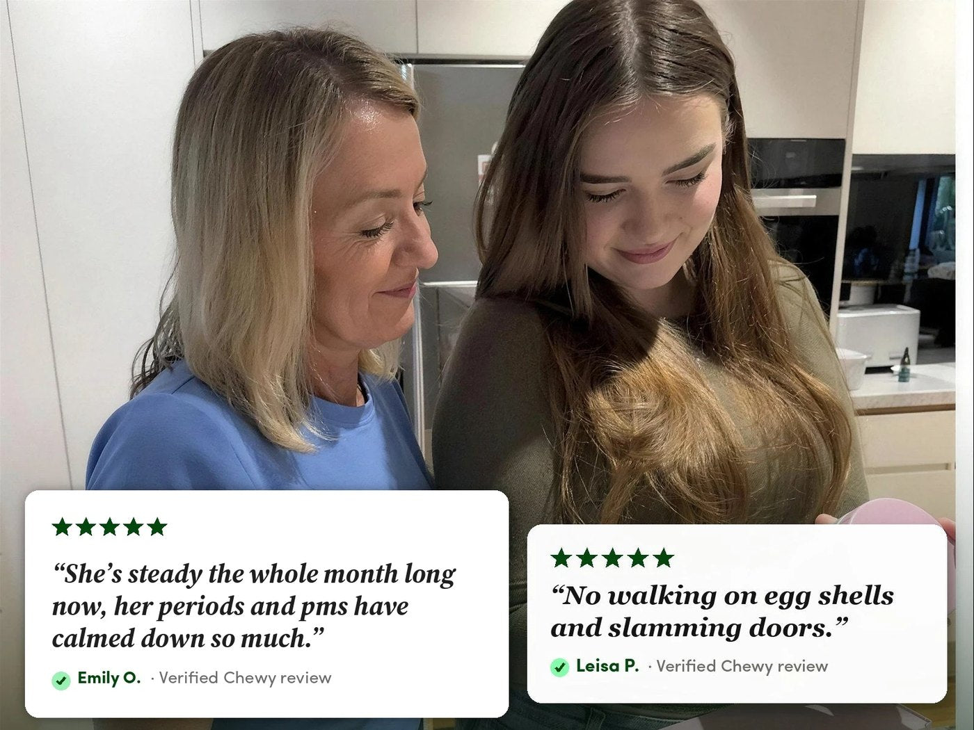 Mum and teenage daughter in the kitchen, with two verified Chewy review quotes